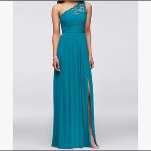 David’s Bridal One Shoulder Lace Dress in “Oasis”